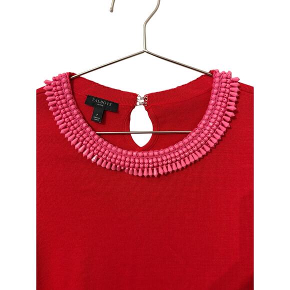 Talbots Red Crewneck Sweater with Pink Beaded Neckline P - Picture 5 of 8